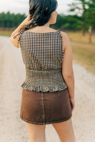 Brown Plaid Shoulder Tie Smocked Top | Select Trends Boutique