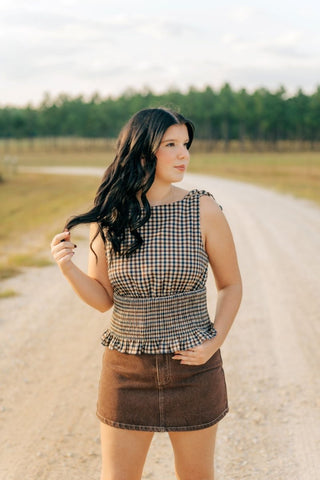 Brown Plaid Shoulder Tie Smocked Top | Select Trends Boutique