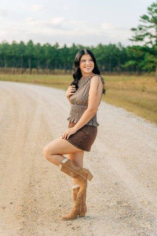 Brown Plaid Shoulder Tie Smocked Top | Select Trends Boutique