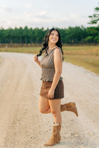 Brown Plaid Shoulder Tie Smocked Top | Select Trends Boutique
