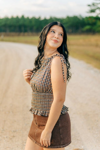 Brown Plaid Shoulder Tie Smocked Top | Select Trends Boutique