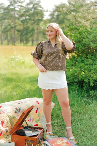 Brown Polka Dot Puff Sleeve Blouse | Select Trends Boutique