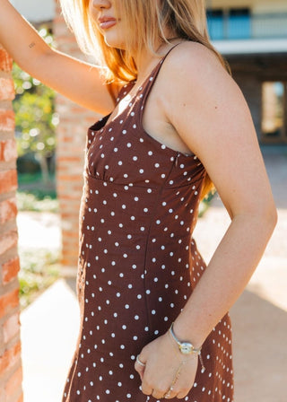 Brown Polka Dot Sleeveless Midi Dress | Select Trends Boutique