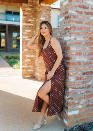 Brown Polka Dot Sleeveless Midi Dress | Select Trends Boutique
