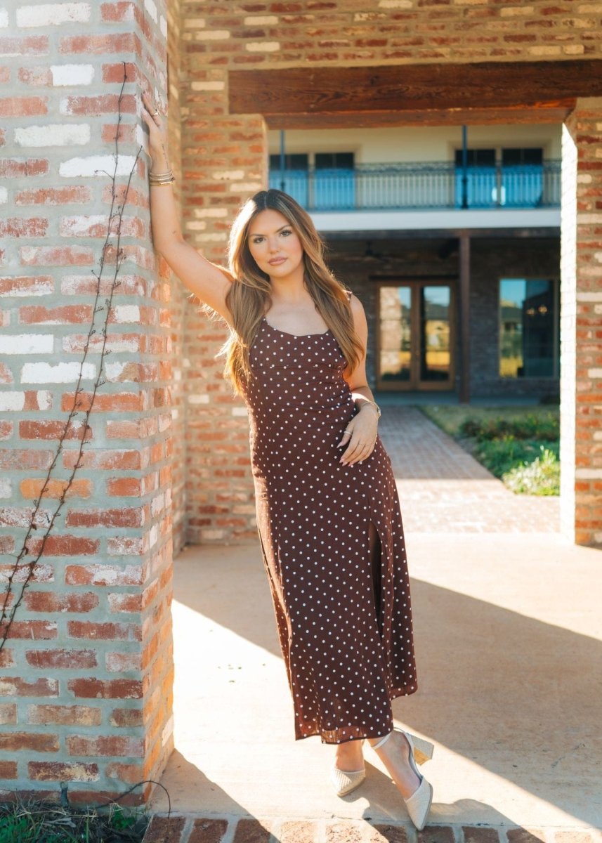Brown Polka Dot Sleeveless Midi Dress