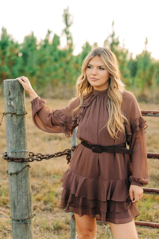 Brown Ruffle Long Sleeve Mini Dress | Select Trends Boutique