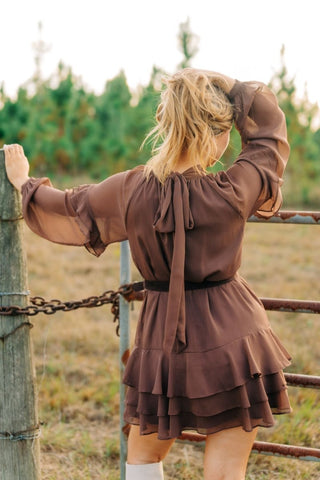 Brown Ruffle Long Sleeve Mini Dress | Select Trends Boutique