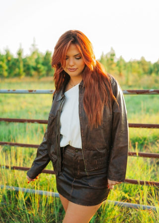 Brown Rustic Zip Up Leather Jacket - Select Trends Boutique