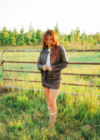 Brown Rustic Zip Up Leather Jacket | Select Trends Boutique
