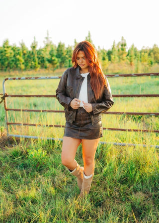 Brown Rustic Zip Up Leather Jacket | Select Trends Boutique