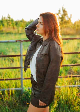 Brown Rustic Zip Up Leather Jacket | Select Trends Boutique