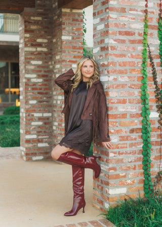 Brown Satin Lace Trim Mini Dress | Select Trends Boutique