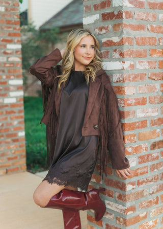 Brown Satin Lace Trim Mini Dress | Select Trends Boutique