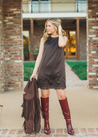 Brown Satin Lace Trim Mini Dress | Select Trends Boutique