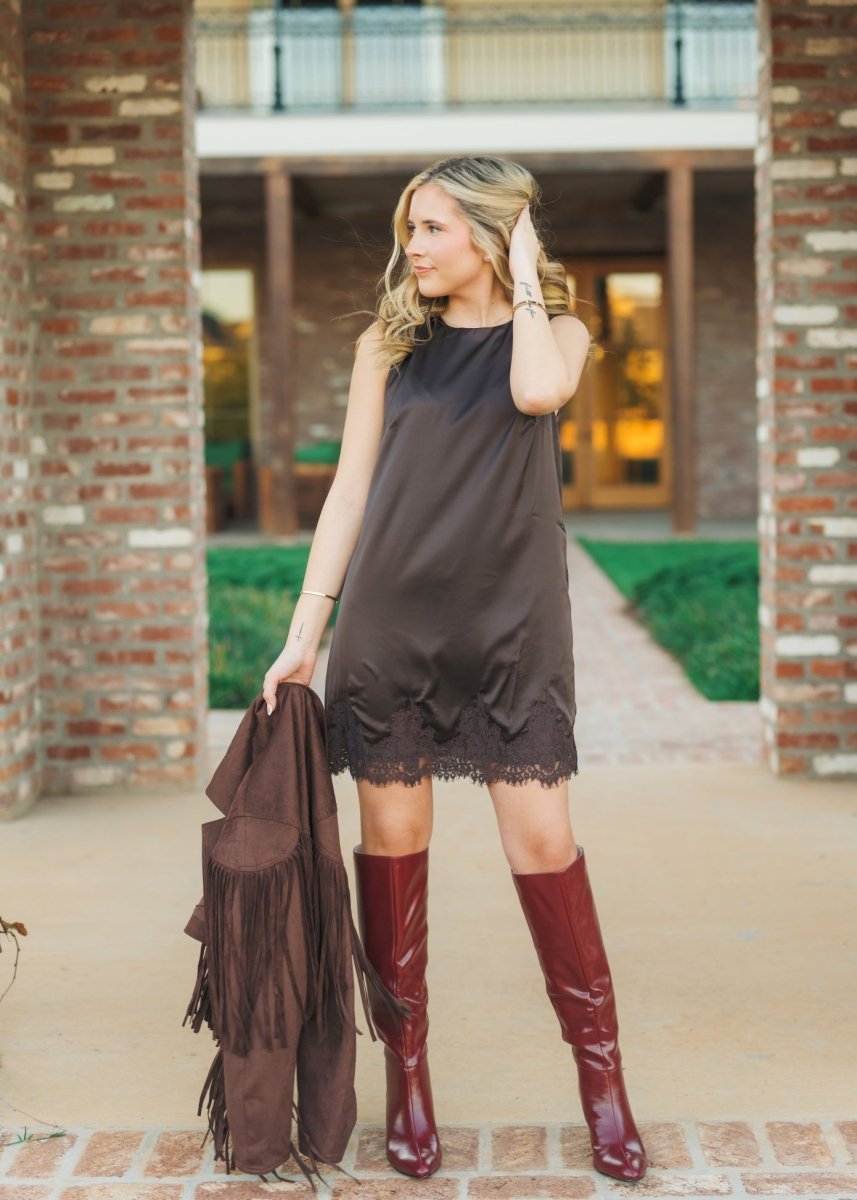 Brown Satin Lace Trim Mini Dress