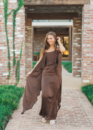 Brown Satin Ruffle Drape Maxi Dress | Select Trends Boutique