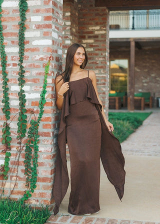 Brown Satin Ruffle Drape Maxi Dress | Select Trends Boutique