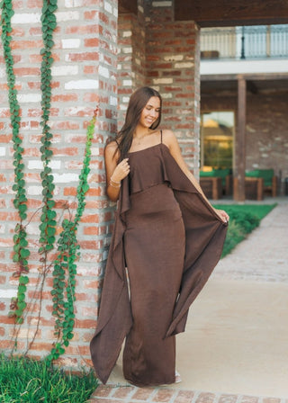 Brown Satin Ruffle Drape Maxi Dress | Select Trends Boutique