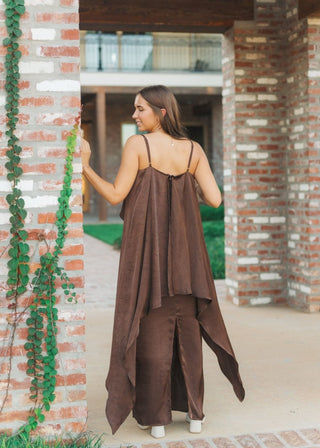Brown Satin Ruffle Drape Maxi Dress | Select Trends Boutique
