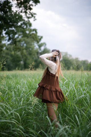 Brown Shoulder Tie Ruffle Romper - Select Trends Boutique
