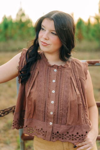Brown Sleeveless Lace Detail Blouse | Select Trends Boutique