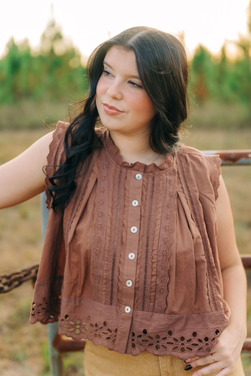 Brown Sleeveless Lace Detail Blouse