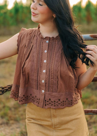 Brown Sleeveless Lace Detail Blouse | Select Trends Boutique
