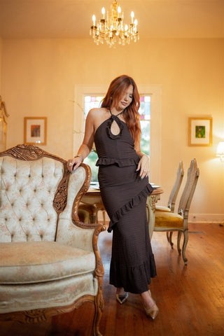 Brown Smocked Ruffle Detail Maxi Dress - Select Trends Boutique