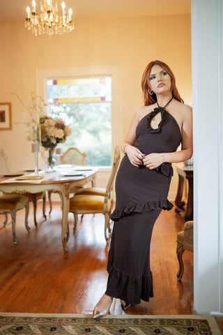 Brown Smocked Ruffle Detail Maxi Dress - Select Trends Boutique