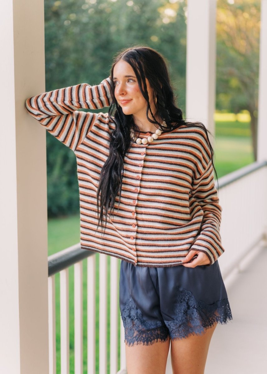 Brown Striped Button Up Cardigan