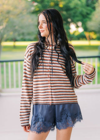 Brown Striped Button Up Cardigan | Select Trends Boutique