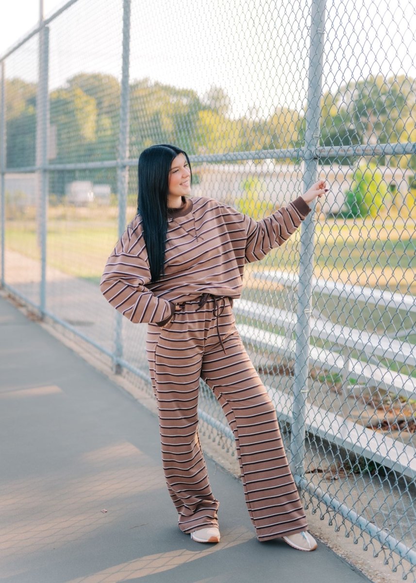 Brown Striped Mock Neck Pant Set
