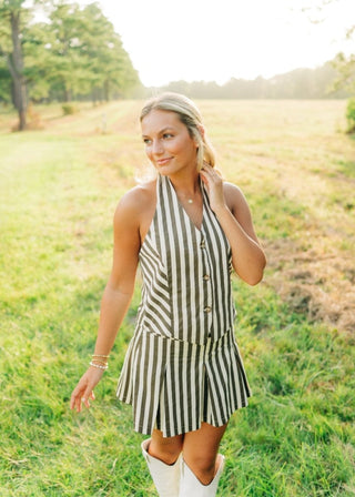 Brown Striped Pleated Vest Dress - Select Trends Boutique