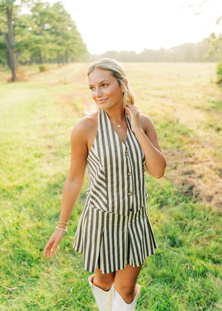 Brown Striped Pleated Vest Dress - Select Trends Boutique