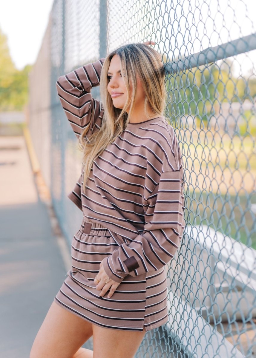 Brown & Tan Striped Top & Skort Set