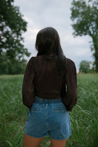 Brown Tie Front Long Sleeve Blouse - Select Trends Boutique