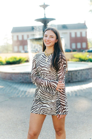 Brown Tiger Print Scoop Back Mini Dress | Select Trends Boutique
