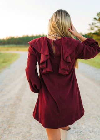 Burgundy Collared Puff Sleeve Dress - Select Trends Boutique