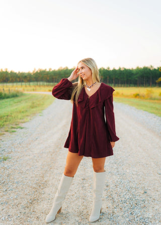 Burgundy Collared Puff Sleeve Dress