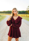 Burgundy Collared Puff Sleeve Dress
