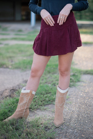 Burgundy Corduroy Pleated Mini Skort