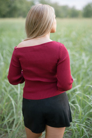 Burgundy Draped Shoulder Sweater Top - Select Trends Boutique