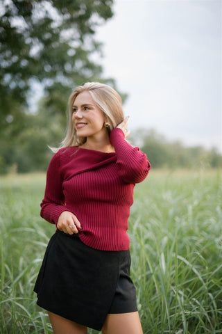 Burgundy Draped Shoulder Sweater Top | Select Trends Boutique