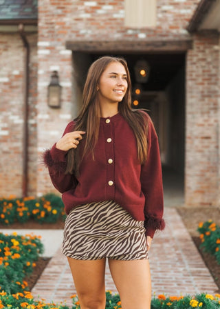 Burgundy Feather Sleeve Button Up Sweater | Select Trends Boutique
