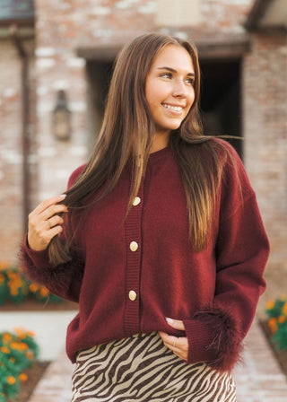 Burgundy Feather Sleeve Button Up Sweater | Select Trends Boutique