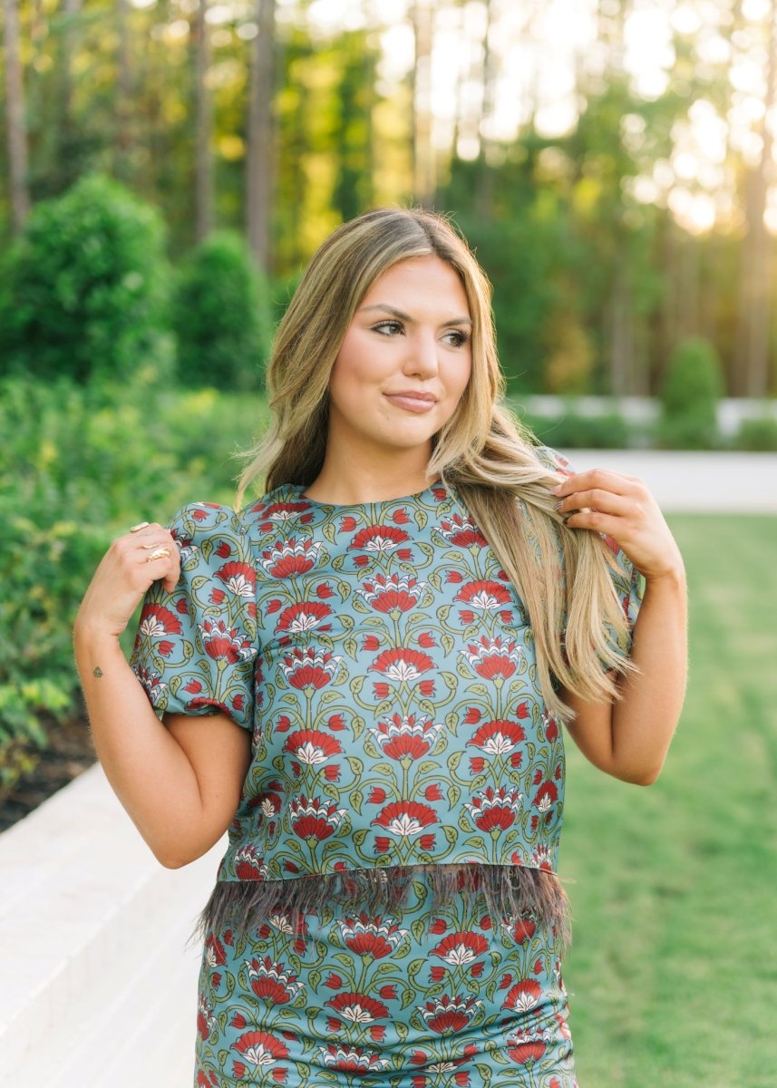 Burgundy Floral Feather Set Blouse
