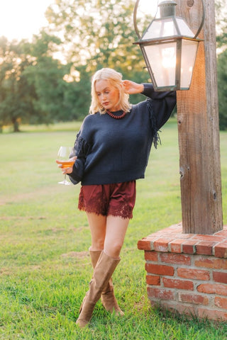 Burgundy Lace Trim Satin Shorts | Select Trends Boutique
