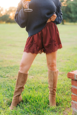 Burgundy Lace Trim Satin Shorts | Select Trends Boutique