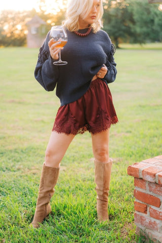 Burgundy Lace Trim Satin Shorts | Select Trends Boutique
