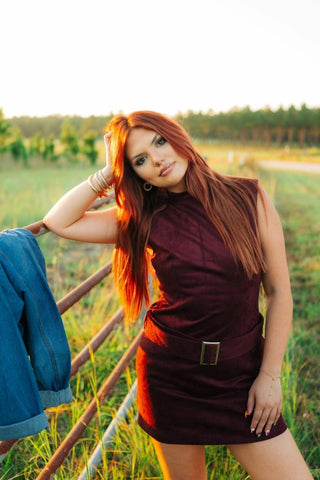Burgundy Mock Neck Belted Mini Dress - Select Trends Boutique